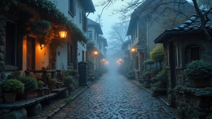 Obraz premium Enchanted Cobblestone Lane: A Misty Evening in a Quaint European Village
