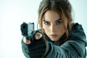 Woman holding gun, looking alert in dark alley, shadows cast, graffiti on walls, tension palpable.