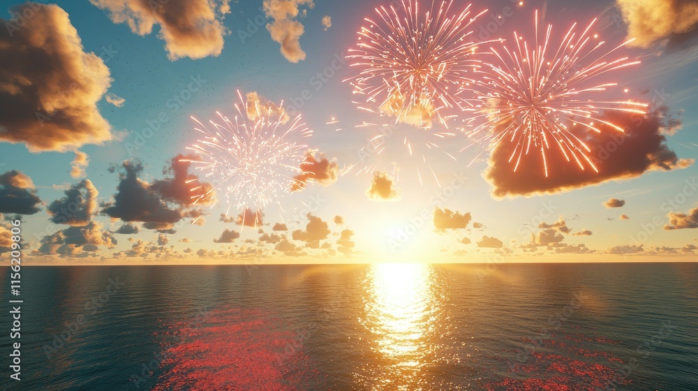Poster vibrant fireworks explode over a calm ocean at sunset, creating a breathtaking spectacle of color an