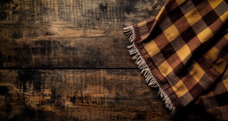 Rustic wooden table with brown and gold checkered tablecloth.