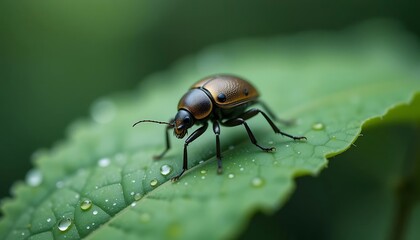 Golden Beetle Crawls on Dewy Green Leaf