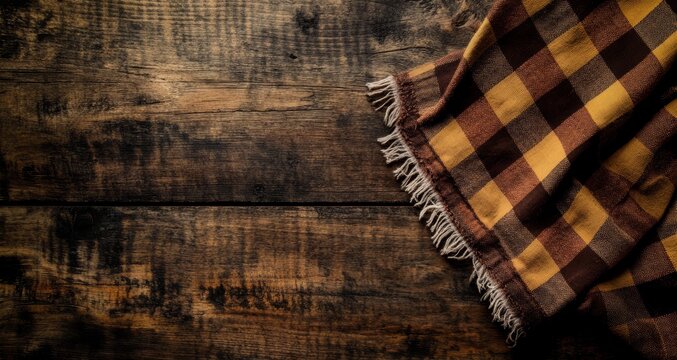 Rustic wooden table with brown and gold checkered tablecloth.