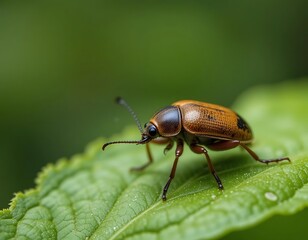 Naklejka premium Orange Beetle Crawling on a Green Leaf