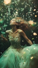 Mermaid Princess Underwater.  Elegant Woman in a Teal Gown.  Fantasy, Beauty, and Nature.