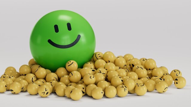 BIG SMILL YELLOW face in a group of smileys - 3d Illustration..3D rendering on white background.