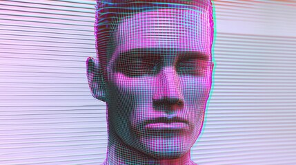 Wireframe male head, glitch effect, digital art.