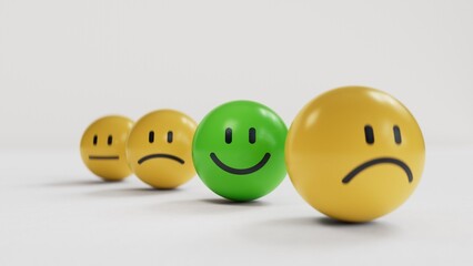 Fototapeta premium Small balls showing different types of emotions.Wood cube with smile, normal and sad face. Facial expressions. Mental health assessment.3D rendering on white background.