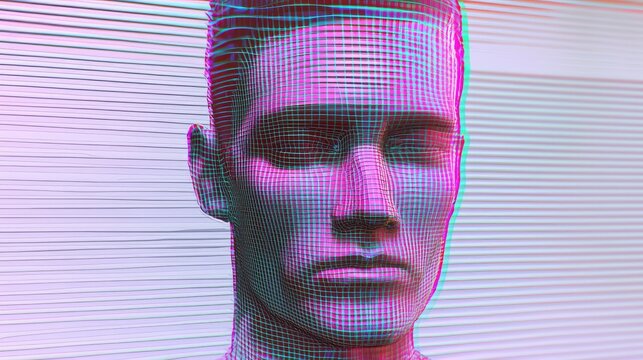 Wireframe male head, glitch effect, digital art. - Powered by Adobe