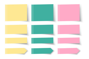 Sticky note set. Pink, yellow, green. Colorful vector paper. Rectangular shapes collection.