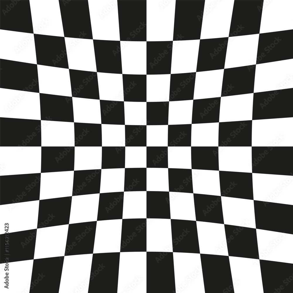 Poster warped chessboard pattern. optical illusion design. curved grid shape. black and white vector.