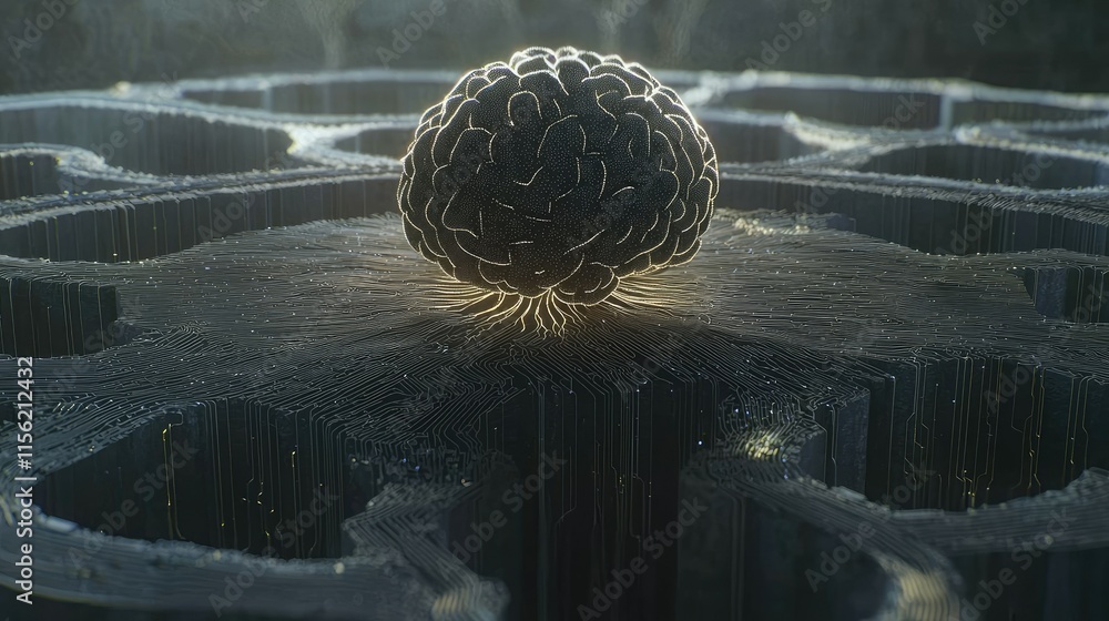 Aufkleber 3d render of a human brain connected to a complex network.