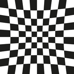 Fototapeta premium Warped chessboard pattern. Optical illusion design. Curved grid shape. Black and white vector.