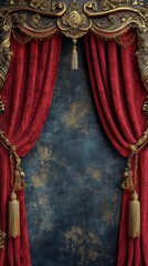 Red Velvet Curtains with Decorative Gold Trim and Vintage Background