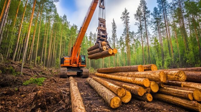 A serene forest with selective logging activity, a crane lifting large logs,