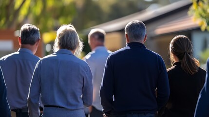 Back view of people walking outdoors on a sunny day