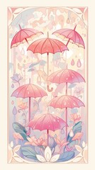 Colorful Pink Umbrellas Surrounded by Floral Elements and Raindrops