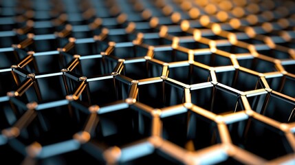 A close-up view of a hexagonal pattern surface featuring metallic textures and intricate details, showcasing a modern and technological aesthetic.