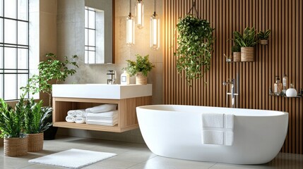 A modern, stylish bathroom featuring a freestanding tub, wooden accents, greenery, and elegant lighting, creating a serene and inviting atmosphere.