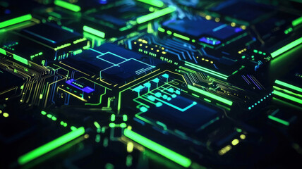 Fototapeta premium A dark background illuminated by glowing circuit board patterns in neon green and blue, evoking a sense of technology and innovation, ideal for software or hardware-related projects.
