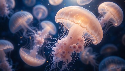 Graceful Jellyfish Swim Underwater In Ocean Depths
