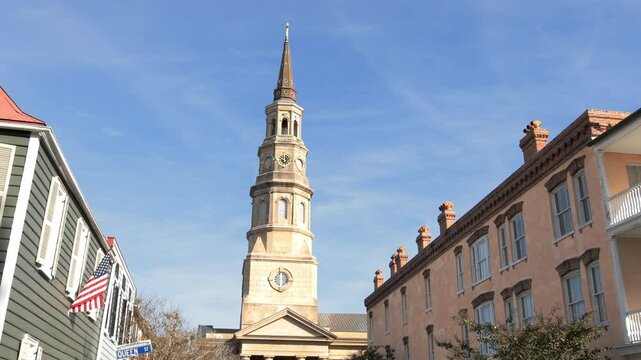 Tilt shot of Historic streets and St Philips Church in Charleston, South Carolina.