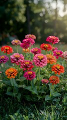 A vibrant display of colorful flowers in shades of pink, orange, and red, blooming beautifully in a lush green garden, capturing the essence of nature’s beauty and tranquility.