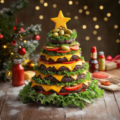 Creative AI-Generated Christmas Burger Tree &ndash; Festive and Unique Design