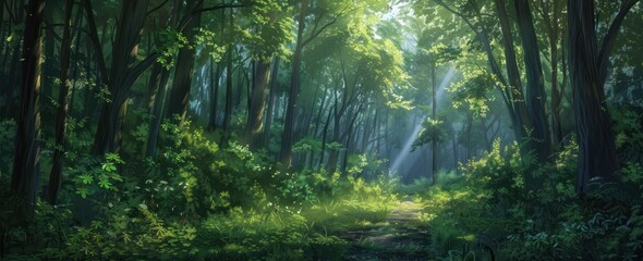 Obraz premium Lush forest path bathed in sunlight.