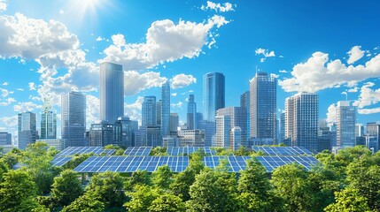 Obraz premium Eco-friendly city skyline with solar panels.