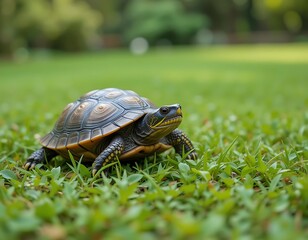 Young Turtle Walking Across Green Grass