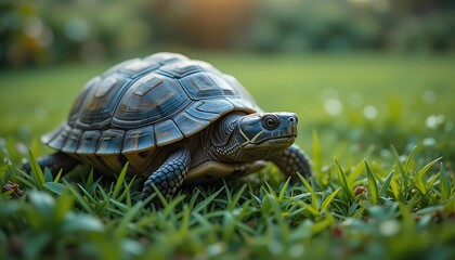 Fototapeta premium A Tortoise Walking Through Lush Green Grass