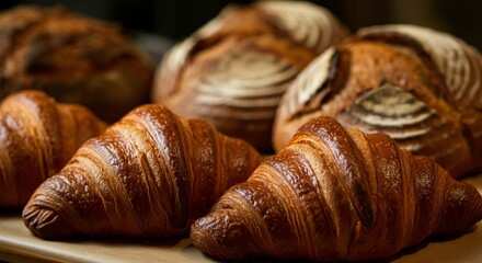 Freshly baked croissants and bread displayed in a rustic bakery setting