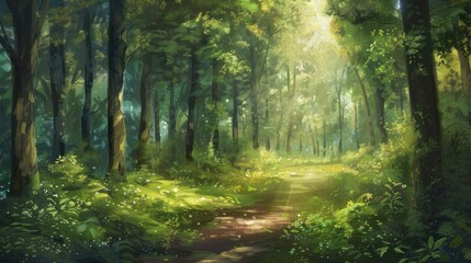 Fototapeta premium Lush forest path bathed in sunlight.