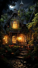 Obraz premium Enchanting cottage at night, illuminated windows, pumpkins, stone steps, overgrown foliage, full moon, gothic architecture.