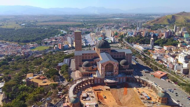 Sanctuary with city in the backgorund in Aparecida, Sao Paulo, Brazil.