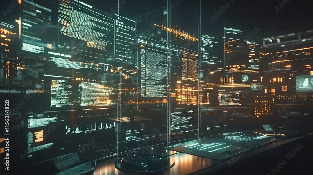 Poster Futuristic digital room filled with holographic data screens displaying code, graphs, and information.