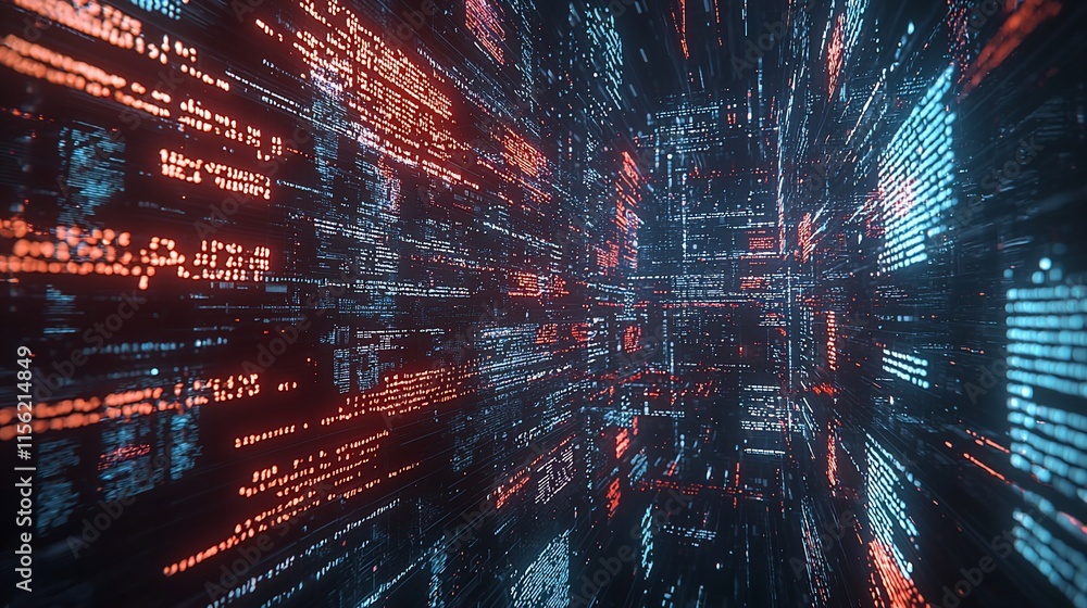 Aufkleber abstract digital tunnel of glowing red and blue code.