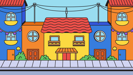 Background illustration Colorful urban row house city scape with cartoon hand drawn retro vintage illustration