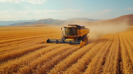 Obraz premium A combine harvester working in a golden wheat field under a clear sky.
