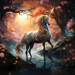 Majestic unicorn standing in a mystical autumnal forest, bathed in golden light, reflecting in calm water.