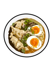 Illustration of dumpling soup with boiled egg and vegetables