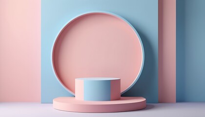 Fototapeta premium MInimalist pastel geometric podium circular frame for product showcase, modern color, soft pink, blue pale colors. Dreamy Beauty cosmetic product placement pedestal promotion stand display