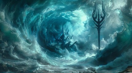 A mystical trident stands in a swirling, icy, underwater cavern.