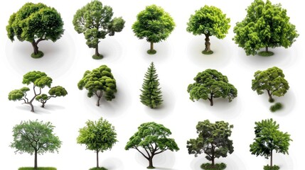 Obraz premium Collection of various tree types, isolated on white background, showing lush foliage and different shapes.
