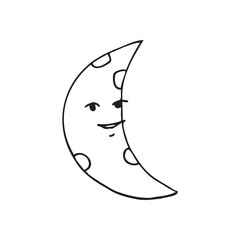Illustration of a smiling moon with a cheerful expression, decorated with a pattern of spots typical of the moon's surface. This cute and minimalist design is suitable for night, dream or fun themes.