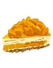 Hand drawn illustration of cheesecake with mango topping.