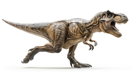 Obraz premium Tyrannosaurus Rex in a dynamic running pose, with a roaring mouth and intricate, patterned skin.