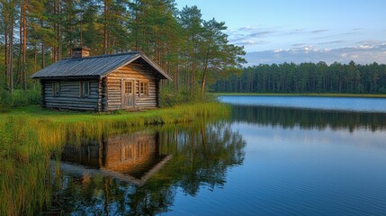 Fototapeta premium Tranquil lakeside cabin surrounded by trees and reflecting in calm water.