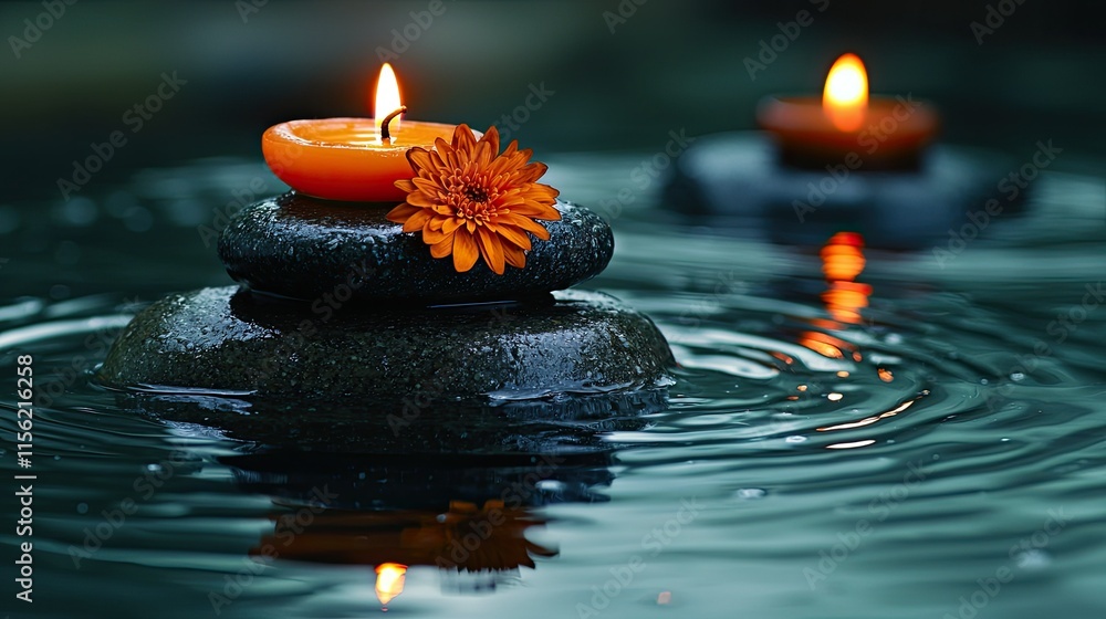 Poster tranquil scene with floating candles and stones, creating a serene atmosphere.