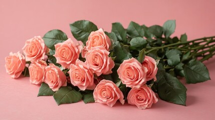 A beautiful bouquet of soft pink roses on a light pink background, perfect for Valentine's Day, showcasing love, romance, and elegance. A perfect design element with space for custom text or messaging